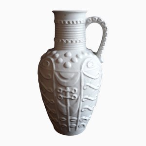 Vase Vintage avec Poignée à Décor Floral en Relief Blanc de Bay-Keramik, Allemagne, 1970s
