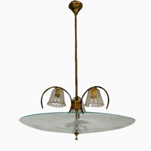 Brass and Glass Ceiling Light in the style of Pietro Chiesa for Fontana Arte, Italy, 1940s