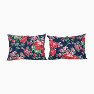 Vintage Blue Floral Lumbar Cushion Covers, 2010s, Set of 2