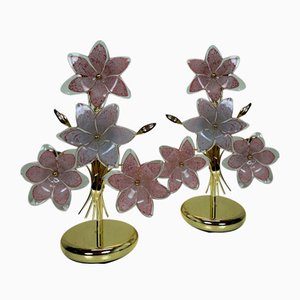 Italian Regency Pink Flower Murano Glass Table Lamps, 1980s, Set of 2