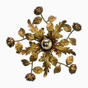 Florentine Gilded Flush Mount Ceiling Lamp with Roses, Italy, 1960s