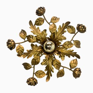 Vergoldete Florentiner Deckenlampe mit Rosen, Italien, 1960er