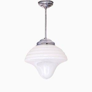 Art Deco Drop Shaped Pendant Light in Opal Glass and Nickel from Gispen, Netherlands, 1930s