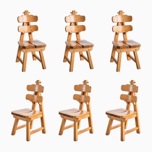 Spanish Sculptural Brutalist Dining Chairs in Oak, 1970s, Set of 6