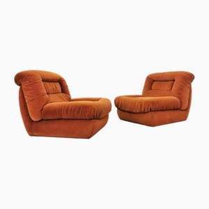 Vintage Space Age Brick Rust Velvet Armchairs from Poltrone, 1970s, Set of 2