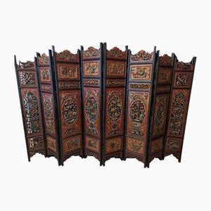 Large Chinese Screen with Eight Carved Wooden Leaves