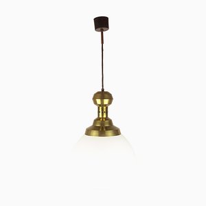 Italian Opaline Glass Brass Pendant Lamp in the style of Azucena, 1950s