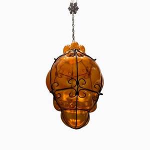 Large Vintage Pendant in Wrought Iron and Murano Glass, 1970s