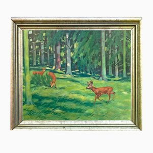 Constant Freiherr von Byon, Roe Deer in the Woods, Oil on Canvas, 20th Century, Framed
