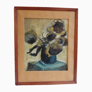 Norbert Louis, Vase with Sunflowers, 1949, Original Oil on Cardboard, Framed
