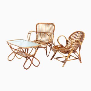 Mesa y sillones de jardín holandeses vintage de ratán y bambú de Rohé Noordwolde