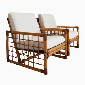 Set of Italian Lounge Chairs in Bamboo and Indian Cane, 1970s