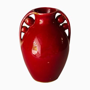 Jarrón Art Déco de cerámica en color rojo, Francia, años 40