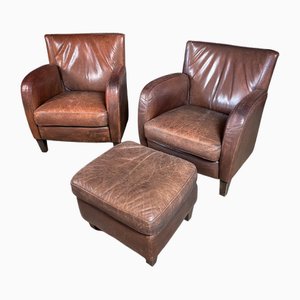 Vintage Leather Armchairs and Ottoman, Set of 2