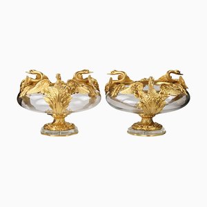 20. Jh. Französische Runde Vasen aus Gussglas & Vergoldeter Bronze mit Schwanenmotiv, 2er Set