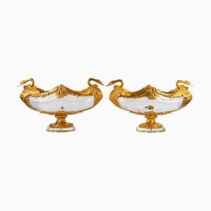 20th Century French Round Vases in Cast Glass and Gilded Bronze with Swan Motif, Set of 3