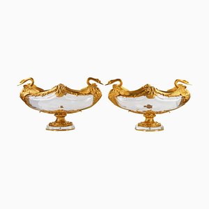 Vases Ronds en Verre Moulé et Bronze Doré avec Motif Cygne, France, Set de 3