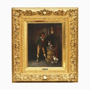 A. Rizzoni, Genre Scene with Cats, Oil on Canvas, Framed