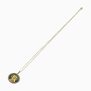 Gold and Stained Glass Enamel Pendant on Chain with Our Lady Portrait