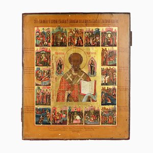 Late 19th Century Icon of Saint Nicholas with Life on Cypress Board