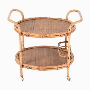 Mid-Century Italian Oval Bamboo and Rattan Serving Bar Cart, 1960s