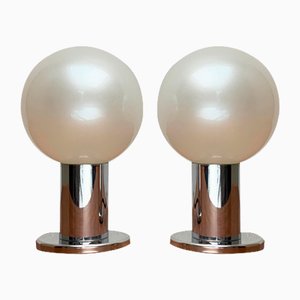 Lámpara de mesa alemana era espacial vintage con perlas de cromo y vidrio de Motoko Ishii para Staff, años 70. Juego de 2