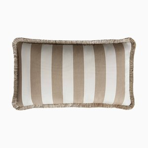 Cuscino Happy Outdoor a righe beige e bianco con frange