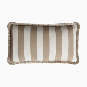 Striped Outdoor Happy Pillow Beige and White with Fringes