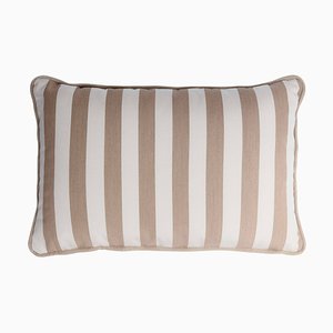 Striped Outdoor Happy Frame Pillow Beige and White with Piping