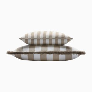 Outdoor Happy Pillows Beige and White with Fringes and Piping, Set of 2