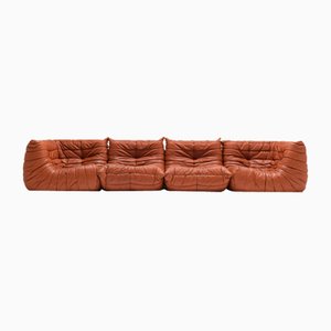 Vintage Togo Sofa in Orange Leather by Michel Ducaroy for Ligne Roset, Set of 4