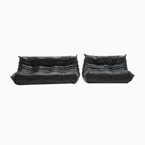 Vintage Togo Sofa aus schwarzem Leder von Michel Ducaroy für Ligne Roset, 1986, 2er Set