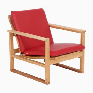 Model 2256 Armchair in Oak and with Red Cowhide by Børge Mogensen for for Fredericia