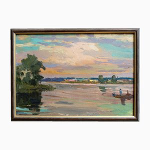 Alfejs Bromults, Summer Evening at the River, 1960, Oil on Cardboard