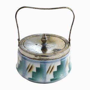 Art Deco Czech Earthenware Sugar Bowl with Graphic & Metal Decoration by GM (Gebrüder Mehner) 1920s