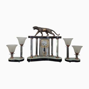Art Deco Bronze Clock Set with Panther by Jean-Baptiste Hugues, Set of 3
