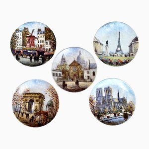 Platos coleccionables de porcelana de Limoges con vistas de París de Louis Dali, France, años 80. Juego de 5