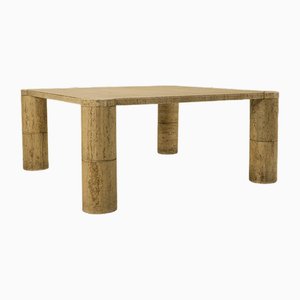 Square Travertine Coffee Table with Cylindrical Legs, France, 1970s