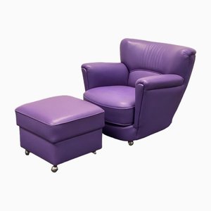 Violet Club Chair with Stool, 1970s, Set of 2