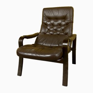 Danish Bentwood and Brown Leather Lounge Chair, 1970s