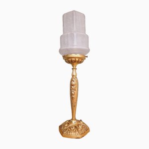 Art Deco Table Lamp in Gilded Bronze and Transparent Cracked Glass, 1920s