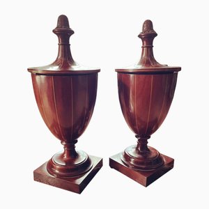 Antique Inlaid Mahogany Cutlery Urns, Set of 2