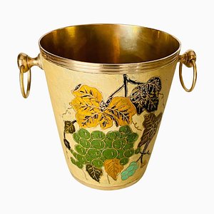 Cloisonné Champagne Bucket with Colored Floral Decor & Brass Handle, 1960s
