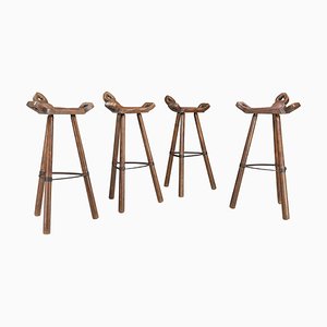 Brutalist Stained Beech and Leather Bar Stools, Spain, 1970s, Set of 4