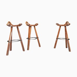 Brutalist Stained Beech Bar Stools, Spain, 1970s, Set of 3