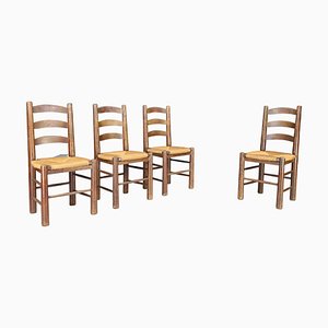 Dining Chairs in Oak and Rush by Georges Robert, France, 1950s, Set of 4
