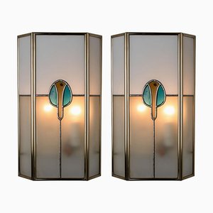 Frosted Stained Glass Silver Blue Wall Lights from PoliArte, 1970s, Set of 2