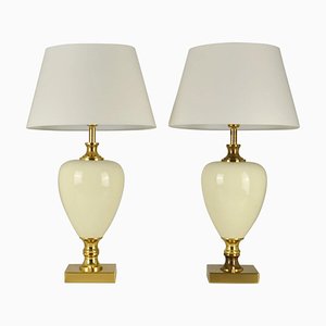 Italian Table Lamps in Cream Porcelain and Brass by Zonca, 1970s, Set of 2