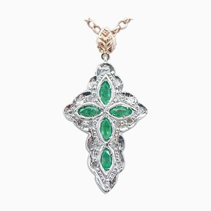 Rose Gold and Silver Cross Pendant with Emeralds and Diamonds, 1970s