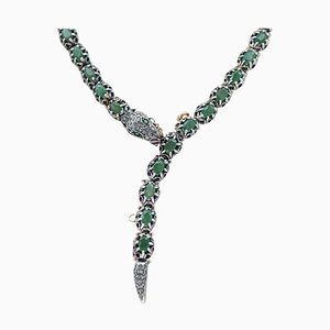 Rose Gold and Silver Snake Necklace with Emeralds, Green Stones and Diamonds